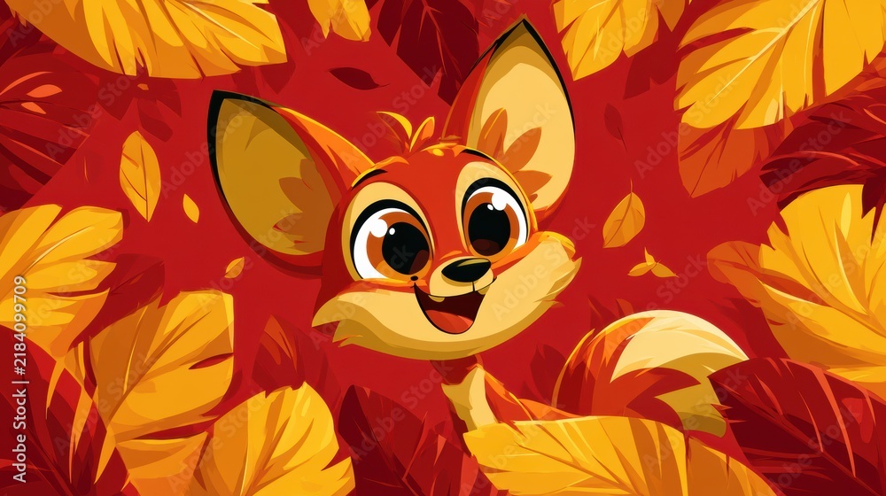 Obraz premium A bouncy fox with big eyes plays among bright leaves in a forest scene during the fall season. The colors are vivid and lively.