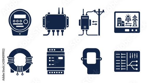 Smart grid and power distribution monitoring icons set with digital electric meter cellular gateway recloser and current transformer