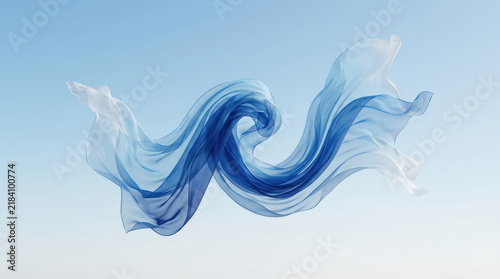 Flying blue silk fabric wave floating gracefully against soft pastel sky for abstract elegant wallpaper dynamic movement design.