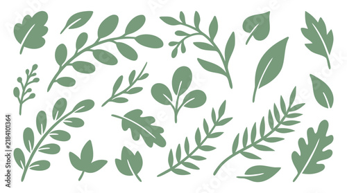 Whimsical Hand-Drawn Sage Green Botanical Doodle Collection - Playful Leaves Branches and Nature Elements Vector Illustration Set on Clean White Background - detailed commercial stock imagery with