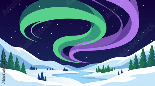 Northern Lights Aurora Borealis Two Overlapping Ribbons of Green and Violet Light Swirling Above Snow Covered Valley with Pine Trees Under Starry Night Sky Vector Illustration
