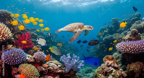 Sea turtle swimming in colorful tropical coral reef
