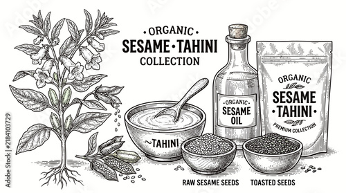 Фотография Very beautiful black and white realistic vector collection of ORGANIC SESAME fea