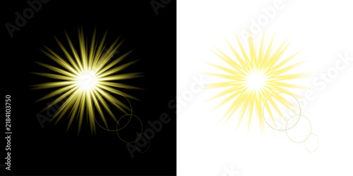Yellow light starburst effect with lens flares isolated on black with effect with effect