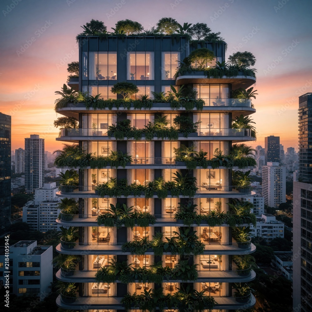 Obraz premium Modern high rise building with lush greenery. Apartments with balconies, windows, plants on terrace. Cityscape at sunset with twilight sky. Eco-friendly urban architecture.