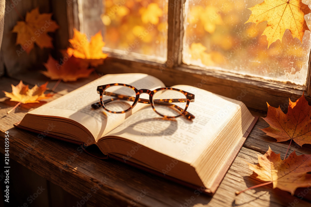 Obraz premium Open book with reading glasses rests on wooden sill. Autumn leaves frame window pane with warm evening light. Cozy indoor scene invites quiet reading time.