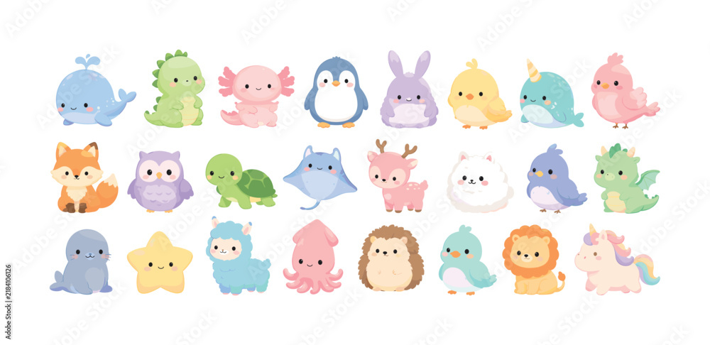 Fototapeta premium Collection of cute kawaii cartoon animals and mythical creatures