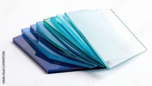 Plakat Stack of Translucent Colored Acrylic Sheets in Various Shades of Blue and Green