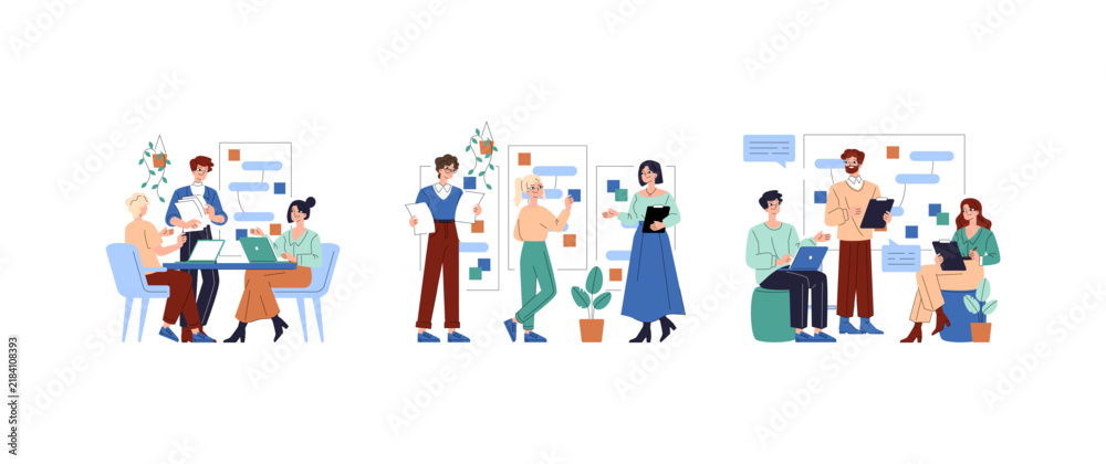 Fototapeta premium Business team collaborating and presenting office workflow set