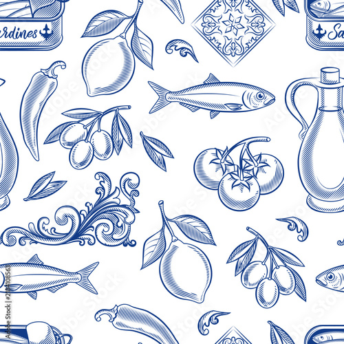 Vector Portuguese seamless pattern, canned sardine fish, azulejo tile, lemon, olive oil. Mediterranean print background