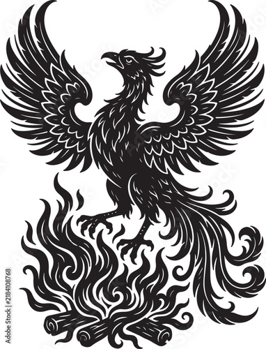 Photography Black phoenix bird rising from flames on transparent background mythical creature rebirth immortality legend powerful spirit vector illustration