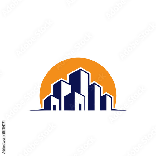 Modern Cityscape Silhouette Logo Design Emerging From Sunset