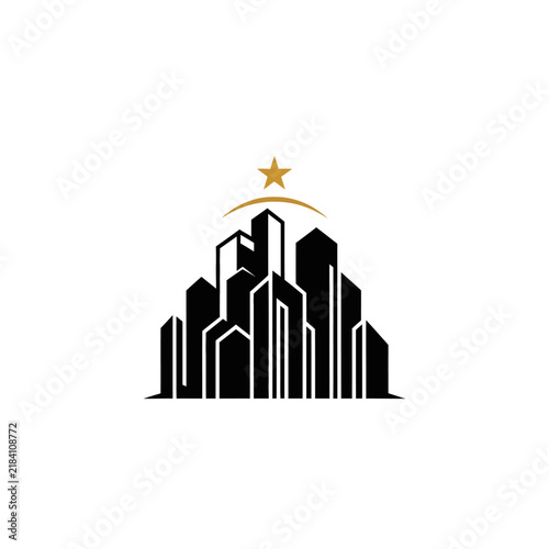 Modern Cityscape Silhouette With Golden Star Emblem