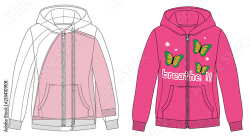 Hooded sweatshirt with butterfly graphics and contrasting white sleeves, stylish pullover garment illustration for fashion apparel and clothing design.