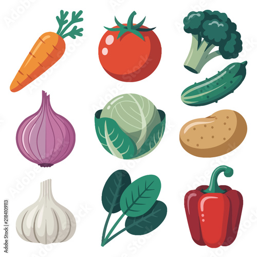Fresh vegetable illustration set with carrots, tomatoes, broccoli and leafy greens, colorful healthy garden produce for food packaging, menus, and branding.