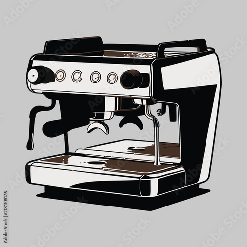Professional espresso coffee machine with sleek chrome accents and black details, modern barista equipment illustration for cafe kitchen and coffee shop.