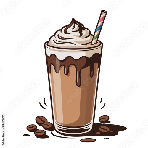 Iced coffee drink with whipped cream and coffee beans, refreshing creamy beverage illustration isolated on clean white background.