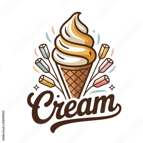 Ice cream cone decorated with colorful candy sticks, cheerful frozen dessert vector artwork for sweet treats, bakery designs, restaurant menus, and advertisements.