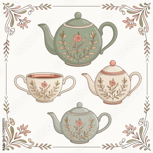 Vintage floral tea set with ornate teapot, teacup and sugar bowl, elegant porcelain tableware illustration featuring traditional botanical decorative patterns.