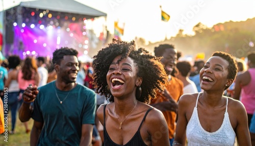 Tapety artystyczne Young adults laughing and interacting joyfully at an outdoor festival