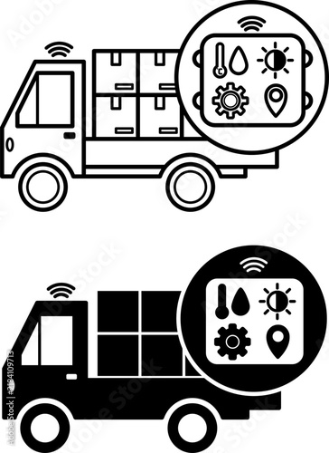Asset Tracking Tag Icons. Line and Glyph Vector Illustrations. Electronic Device for Monitoring the Location, Movement, and Status of Cargo. Truck with Goods. Smart Factory and Industrial IoT Concept