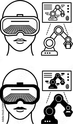 Augmented Reality Maintenance Icons. Equipment Maintenance and Repair Via Smart Glasses. Person in VR Glasses and Robotic Arm. Smart Factory and Industrial IoT Concept