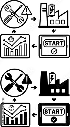 Energy Efficiency Monitor Icons. Tracking Energy Resource Demand at an Enterprise. Tablet, Chart, Equipment Failure Warning Sign, and Factory Energy Consumption. Smart Factory and Industrial IoT
