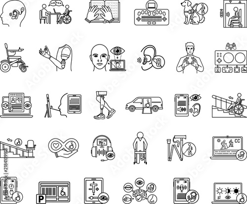 Line Accessibility and Universality Icon Set. Vector Illustrations Electric Wheelchair, Hearing Aid, Prosthetic Leg, Prosthetic Arm, Sign Language Interpretation, Guide Dog, and More