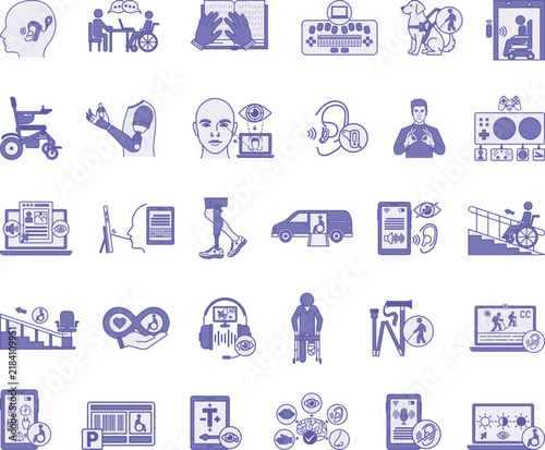 Purple Accessibility and Universality Icon Set. Vector Illustrations Electric Wheelchair, Hearing Aid, Prosthetic Leg, Prosthetic Arm, Sign Language Interpretation, Guide Dog, and More