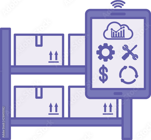Purple Smart Inventory Management Icon. Inventory Control and Logistics Based on Automation and Real-Time Sensors. Shelf Stock Monitored by a Smart Sensor. Smart Factory and Industrial IoT Concept
