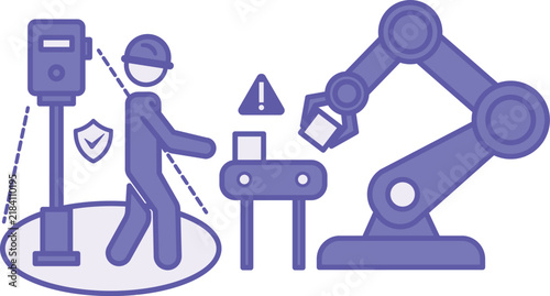 Purple Smart Safety Sensor Icon. A Device That Prevents Accidents and Employee Injuries. A Robotic Arm Working on a Conveyor, and a Warning Sign. Smart Factory and Industrial IoT Concept