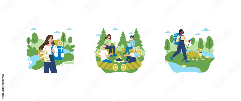 Fototapeta premium Hikers reading map camping and trekking with dog outdoors