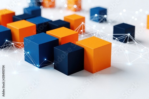 Blue and orange cubes connect with digital network lines on white background. Abstract geometric forms create futuristic structure for data or system concept illustration.