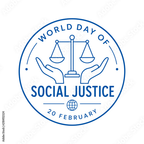 Foto World day of social justice circular emblem with scales of justice and hands on