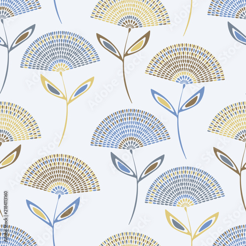 Stylized dandelion spreads playful energy across repeating layout. Folk flowe...