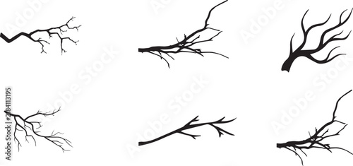Quadro su tela Bare tree branch silhouettes, set of 6 black wood limb vectors, spooky leafless