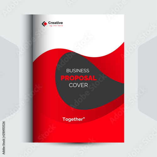 Minimalist business proposal cover layout with dynamic red and black flowing abstract shapes