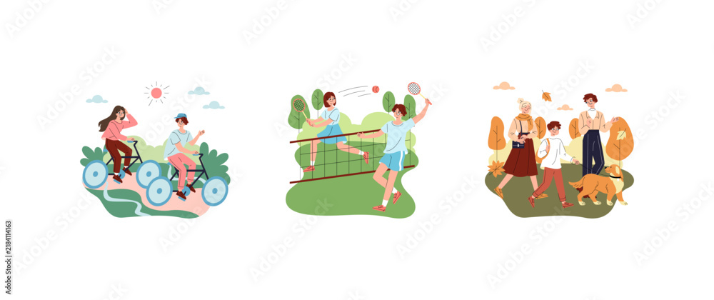 Naklejka premium Outdoor activities set with cycling badminton and dog walk