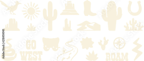 Desert Southwest Silhouette Icon Set With Cactus And Wagon