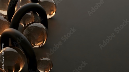 Abstract 3D render of glass spheres and dark rings on a clean minimalist background