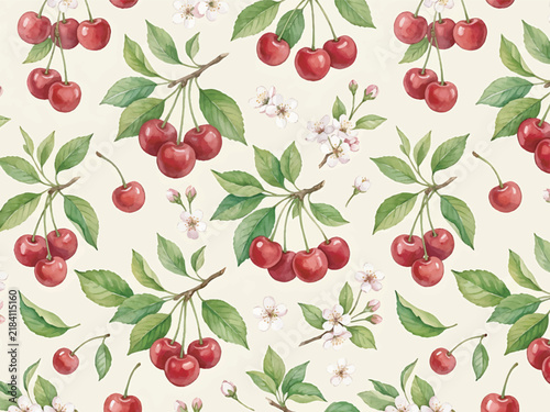 Seamless watercolor pattern featuring vibrant red cherries on branches with green leaves and delicate white blossoms against a light background.