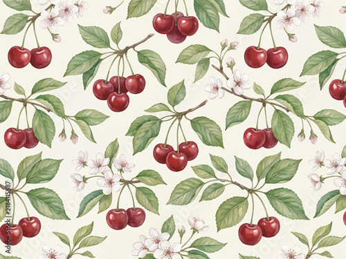 Seamless watercolor pattern featuring ripe red cherries, green leaves, and delicate white cherry blossoms on a light background.