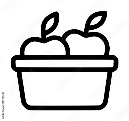 Simple hand-drawn black and white vector icon of a basket containing two apples with leaves, minimalist line art illustration for harvest, autumn, kitchen, and food related projects and designs