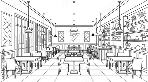 Modern restaurant interior design vector illustration with tables and chairs for coloring book page
