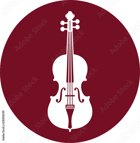 Minimalist violin icon vector, white classical string instrument silhouette on maroon circle, elegant musical logo for orchestra or concert