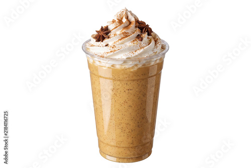 Spiced chai vanilla bean frappe with whipped cream in plastic cup