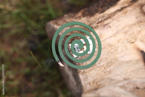 Foto Smouldering insect repellent coil on tree trunk outdoors, top view