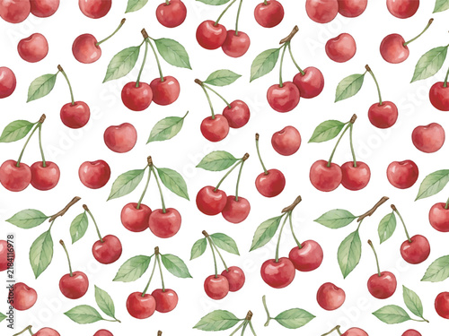 Seamless watercolor pattern featuring vibrant red cherries with green leaves on a clean white background, perfect for fabric or digital designs.