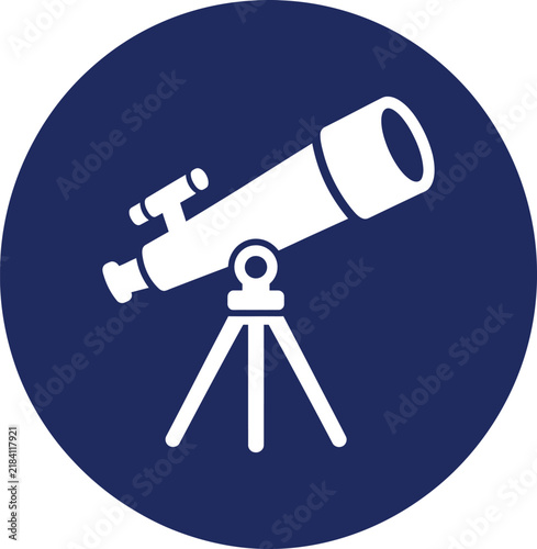 Minimalist telescope icon on blue circle, white astronomy vector symbol, astronomical spyglass on tripod for science education