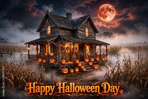 Haunted wooden farmhouse in a misty cornfield, decorated with glowing jack-o'-lantern pumpkins under a spooky orange blood moon. Perfect background design for Happy Halloween